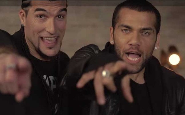 Barca: Dani Alves launches into the song with Pinto 