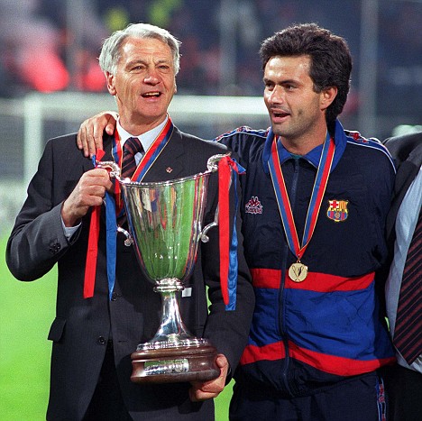 Bobby Robson (Barcelona coach) with Jose Mourinho (assistant) right,with the trophy. 13/5/97. Barcelona v Paris Saint Germain. European Cup Winners Cup Final 1997. Credit : Colorsport/Andrew Cowie.