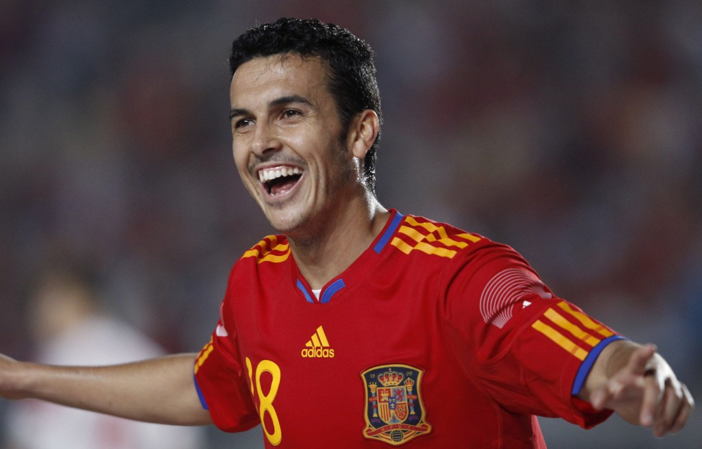 Spain's Pedro Rodriguez celebrates his goal during a friendly soccer match against Poland in Murcia June 8, 2010. REUTERS/Juan Medina (SPAIN - Tags: SPORT SOCCER WORLD CUP)